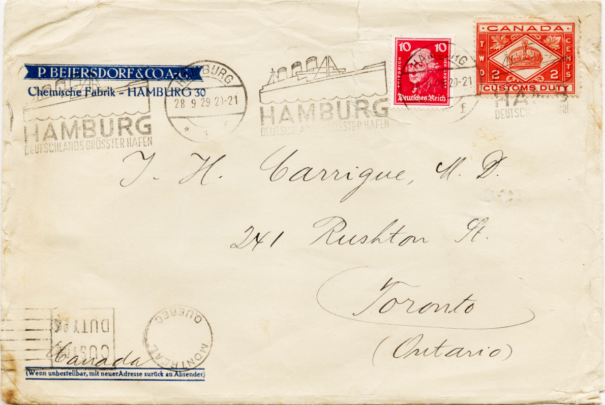 Canada Customs Duty stamp cancelled in Germany with a Montreal Customs Duty machine cancel at bottom left