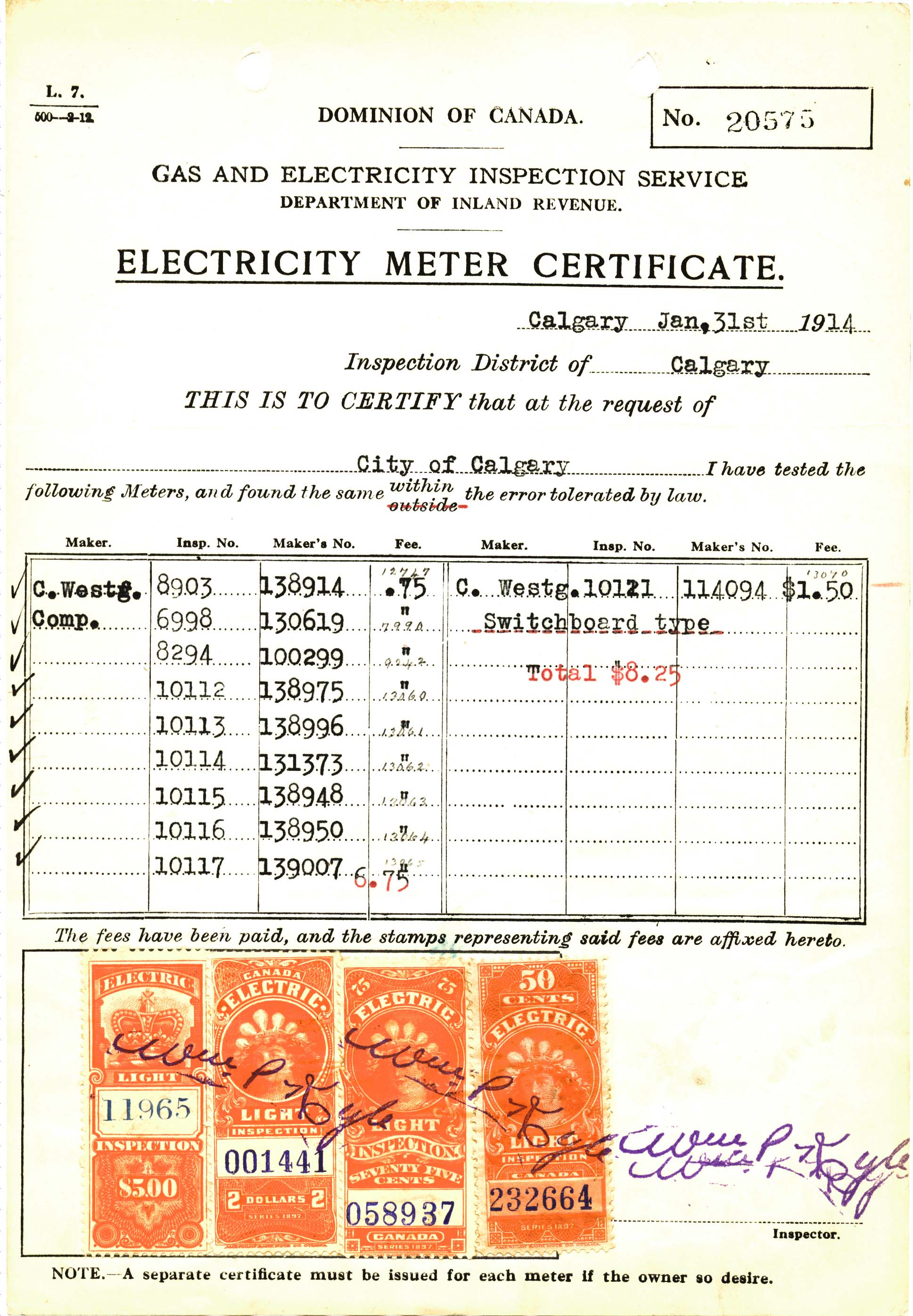 Electric Light Inspection stamps affixed to an Electricity Meter Certificate