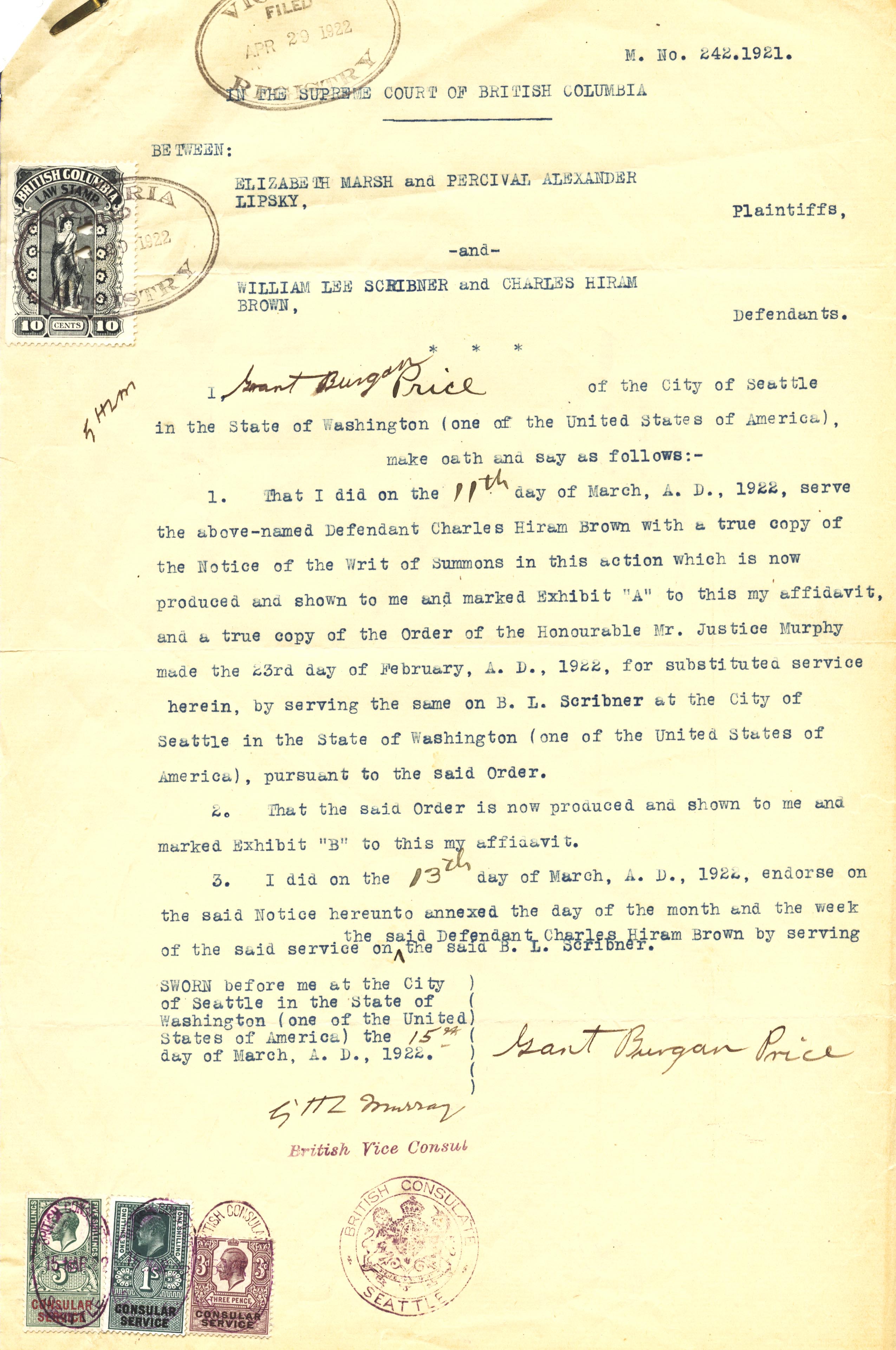 British Columbia Law stamp affixed to a 1922 affidavit