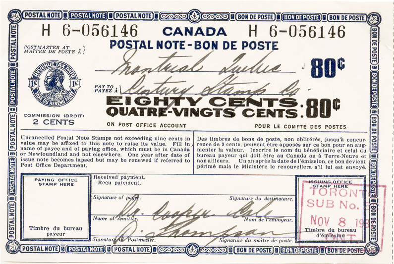 Denominated Postal Note for 80 cents, dated 8 November 1937