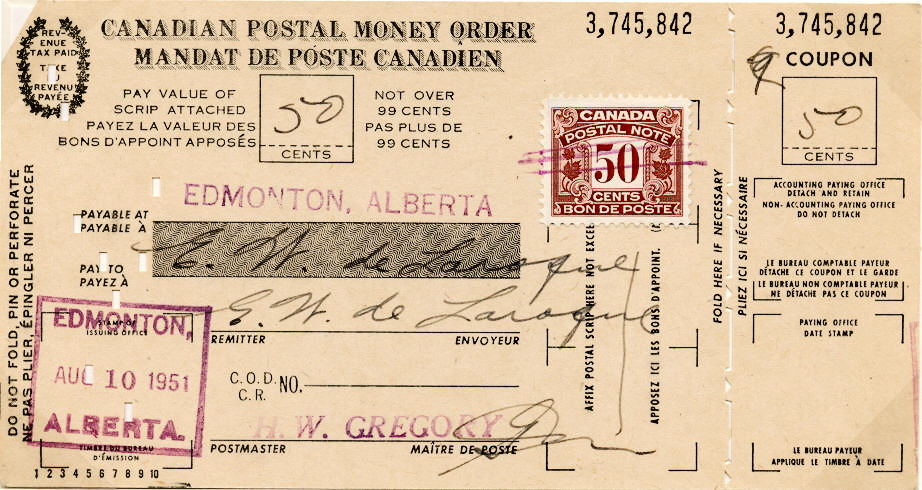 Postal Money Order for 50 cents with Postal Note stamp affixed, dated 10 August 1951