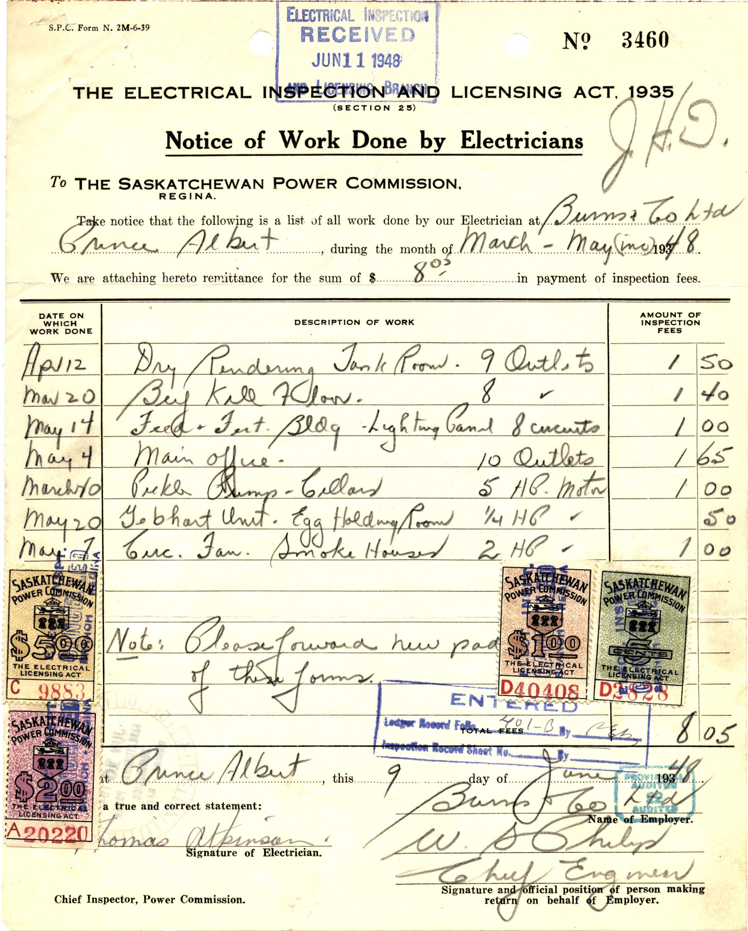 Saskatchewan Power Commission Inspection Fee form with stamps affixed