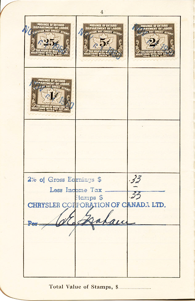 Interior page of the Vacation With Pay Stamp Book