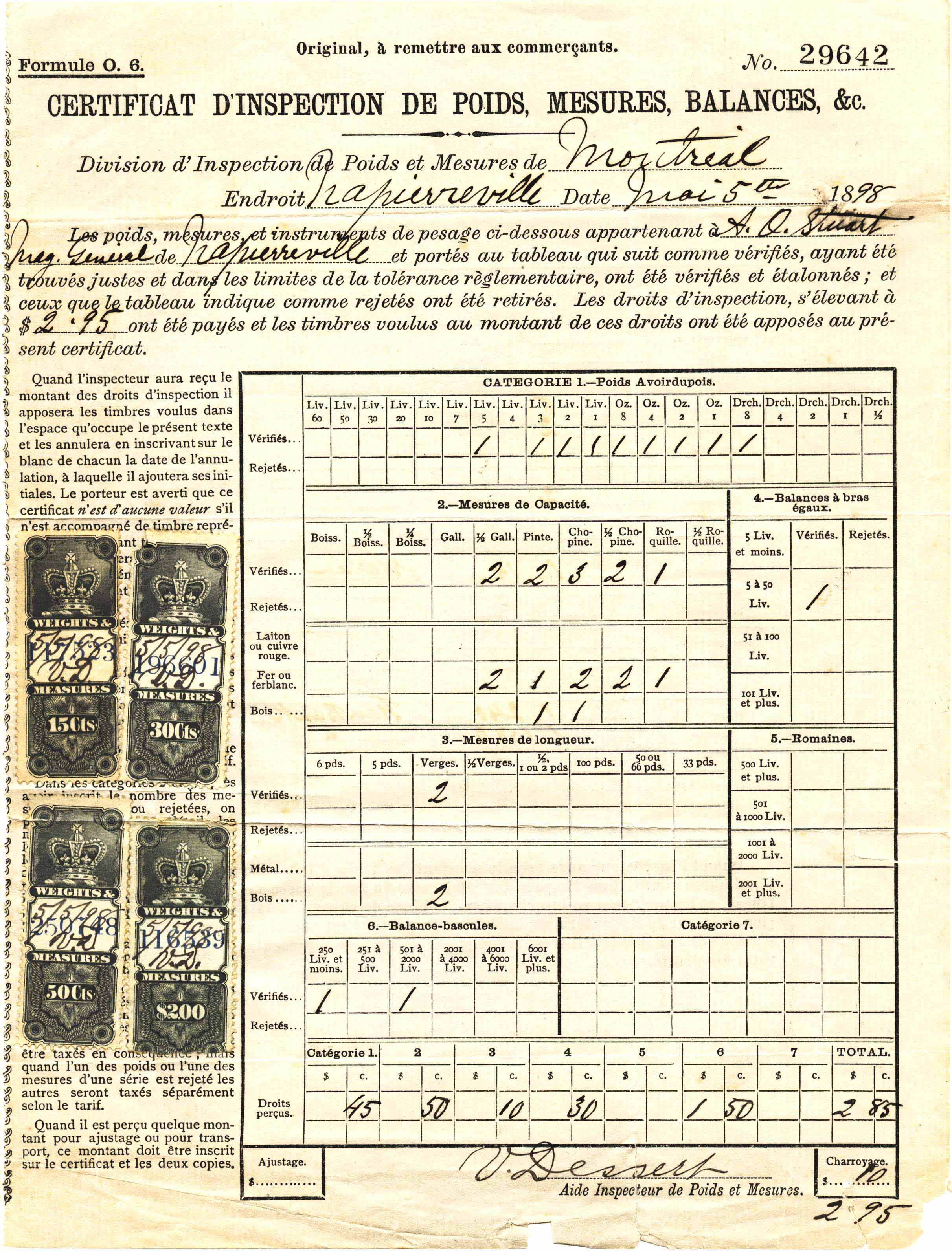 Inspection Certificate with four Weights and Measures stamps