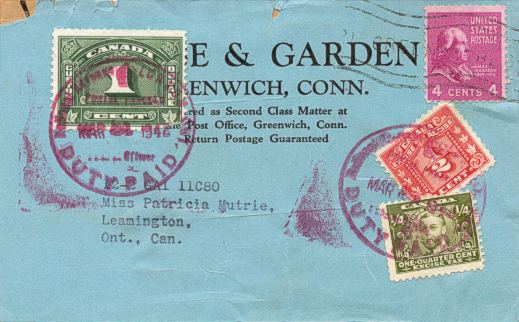 Mailing label with U.S. postage stamp and three Canadian revenue stamps