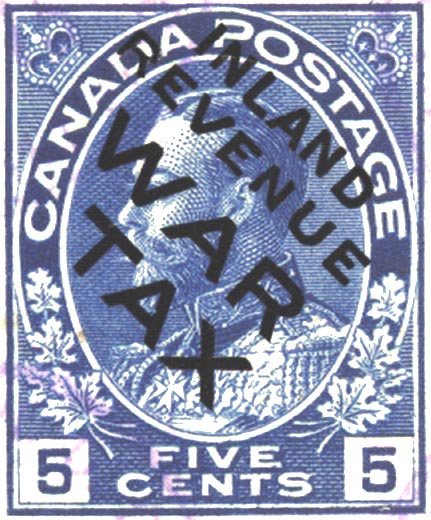 Admiral 5 cent blue stamp overprinted Inland Revenue War Tax