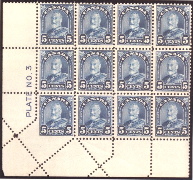 Corner fold on the 5 cent blue, plate 3, lower left corner