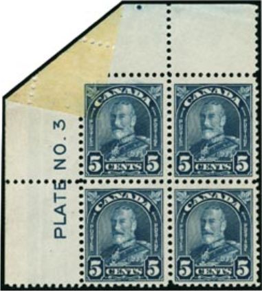 Corner fold on the 5 cent blue, plate 3, upper left corner; corner is folded