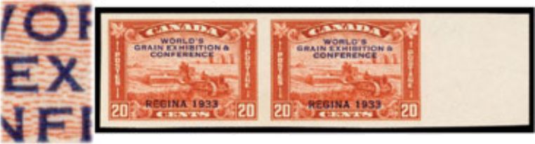 Broken X flaw on a imperf pair of the 20 cent Grain Harvesting overprinted “WORLD’S GRAIN
                EXHIBITION & CONFERENCE“