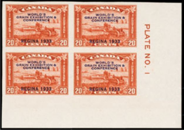 1930 King George V Arch Issue imperforate plate block of the 20 cent Grain Harvesting