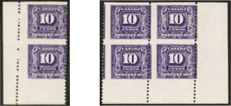 Two corner pieces from a pane of 100 of the 1930 10 cent Postage Due imperforate horizontally