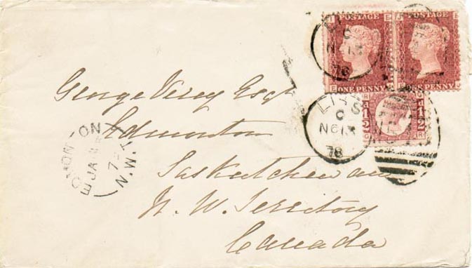 Cover dated 15 Jan. 1879 mailed from Lisle, England, to Edmonton