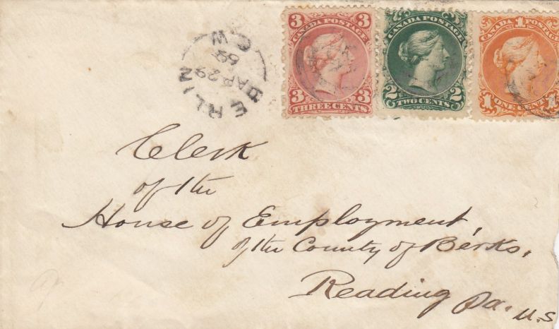 1868 Large Queen cover franked with 1, 2, and 3 cent stamps paying the rate to the
                         United States