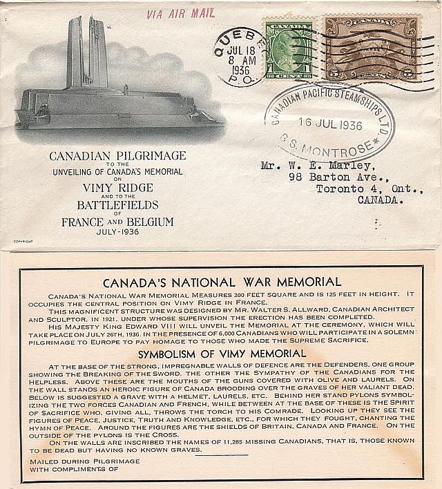 Commemorative cover with insert mailed on the SS Montrose on 16 July 1936