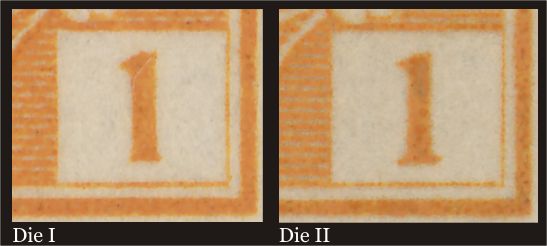 Right numeral box of Die I and Die II on the 1 cent yellow,
        showing the serifs at the bottom of the 1 on Die II