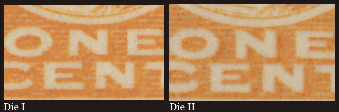 Bottom centre of Die I and Die II on the 1 cent yellow,
        showing the smaller space between the N in ONE and the oval
        above it as well as the slightly larger lettering on Die II