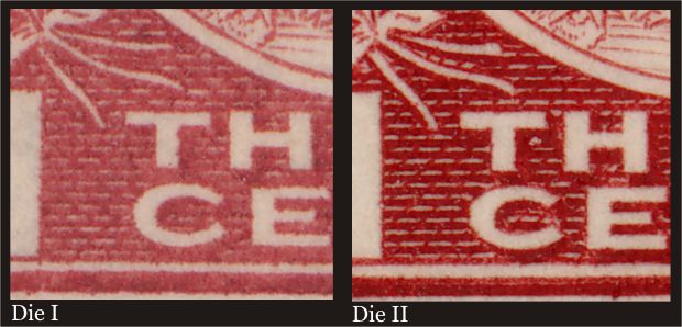 Difference between Die I and Die II on the bottom left side
        of the 3 cent carmine