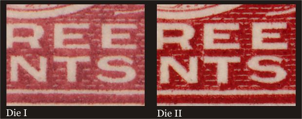 Difference between Die I and Die II on the bottom right side
        of the 3 cent carmine