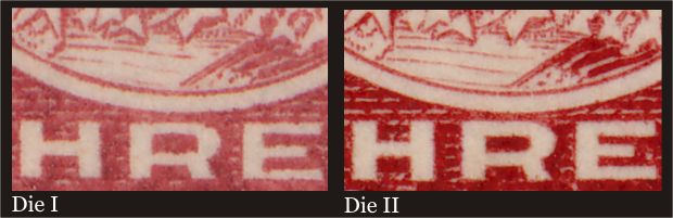 Difference between Die I and Die II at the bottom of the King's
        portrait on the 3 cent carmine