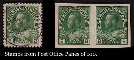 Examples of fully perforated and imperf stamps issued in panes of 100