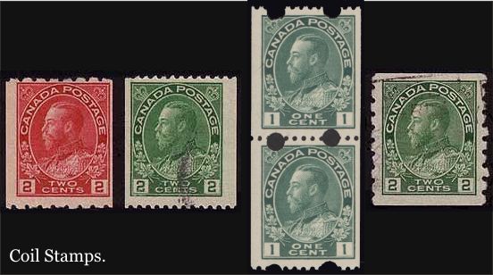 Four examples of coil stamps: 2 cent carmine endwise coil,
            perf 8; 2 cent green endwise coil perf 12; pair of 1 cent green
            experimental coil; 2 cent green sidewise coil perf 8