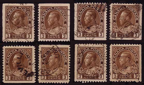 Eight 3 cent brown stamps.  Each stamp has a different 
        straight edge or pair of straight edges.