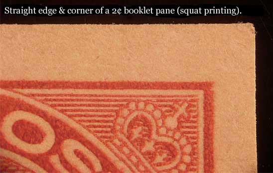 2 cent carmine stamp from a booklet pane with straight edges 
        on the top and right sides showing the smooth clean cut along the straight edges.