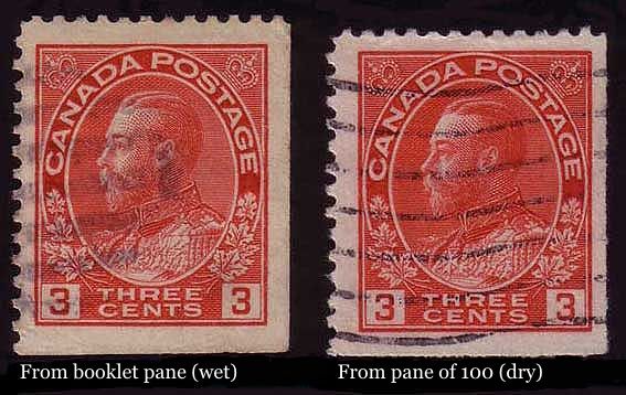 Two 3 cent carmine stamps with straight edges on the bottom 
        and right sides.  The left stamp from a booklet pane is narrower 
        than the right one from a pane of 100.