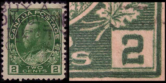 2 cent green and an enlargement of the lower right corner 
        showing the major re-enty on 161LL69
