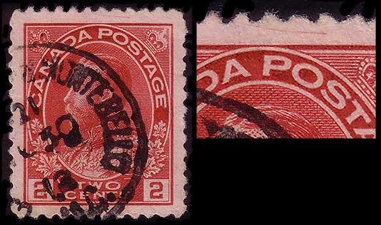 2 cent carmine stamp and an enlargement of the top center showing the 
        long scratch in the top margin