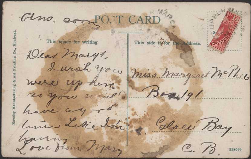 1c postcard rate paid by a bisected 2c carmine stamp postmarked Upper Margaree, Cape Breton