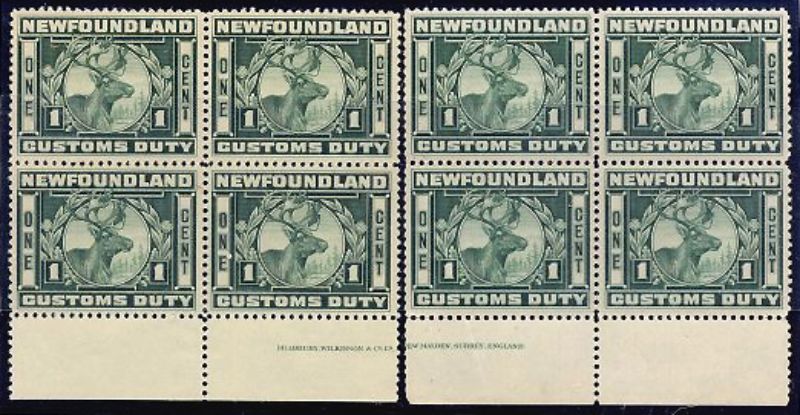 1938 Customs Duty revenue stamps with printer's imprint in the bottom pane margin