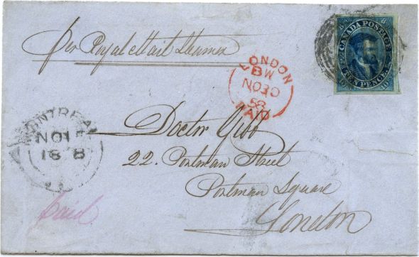 1851 10 pence Jacques Cartier on cover from Montreal to London date-stamped NO 15 / 1858