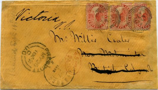 1859 5 cents Beaver x 3 on cover from Prescott, UC, to British Columbia date-stamped MY 26 / 1862
