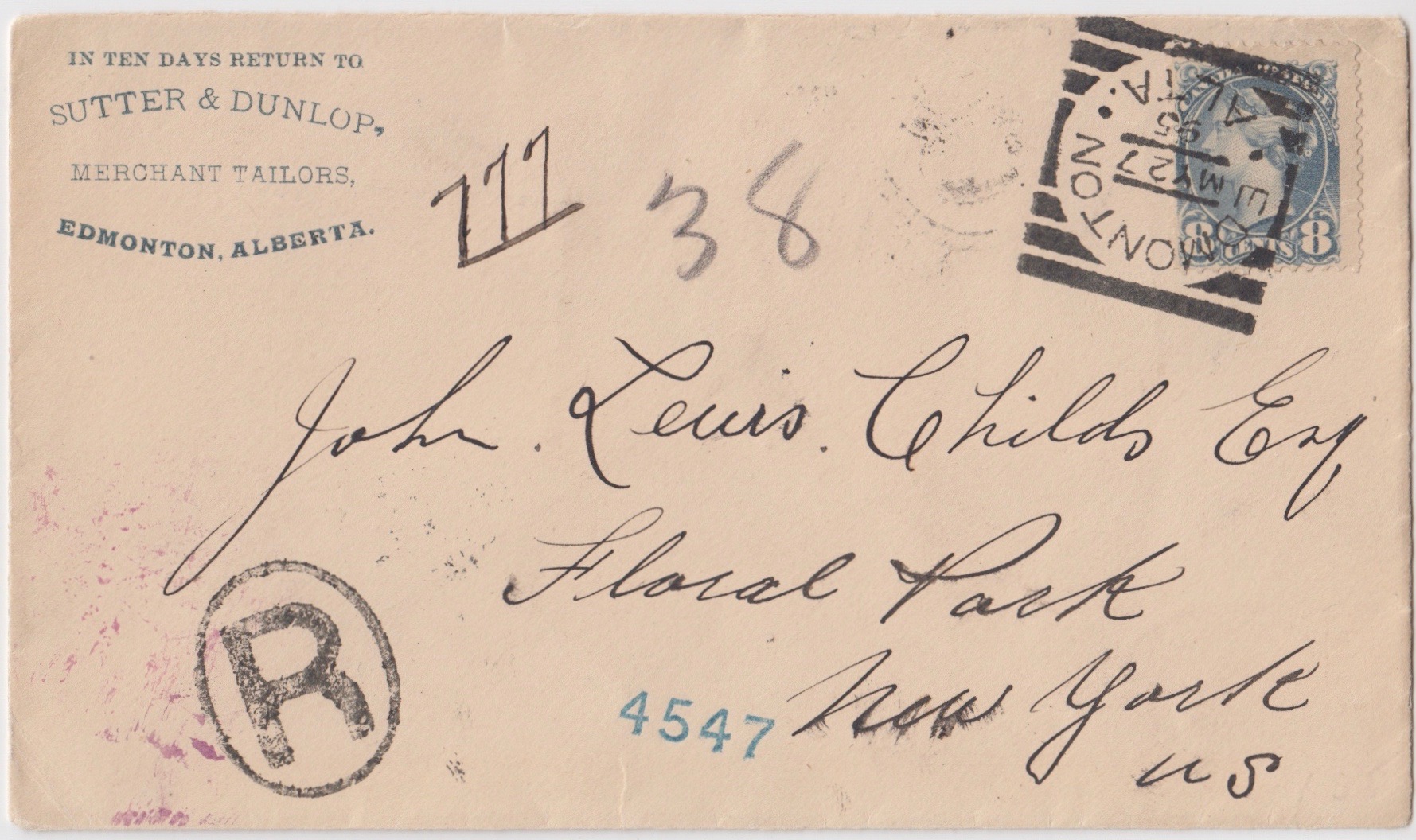 Cover with an 8 cent Small Queen stamp postmarked with an Edmonton Squared Circle cancel